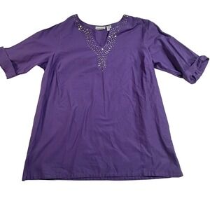 Y2K Samanthas Style Shoppe Purple Embellished V Neck Tunic Top XL VTG